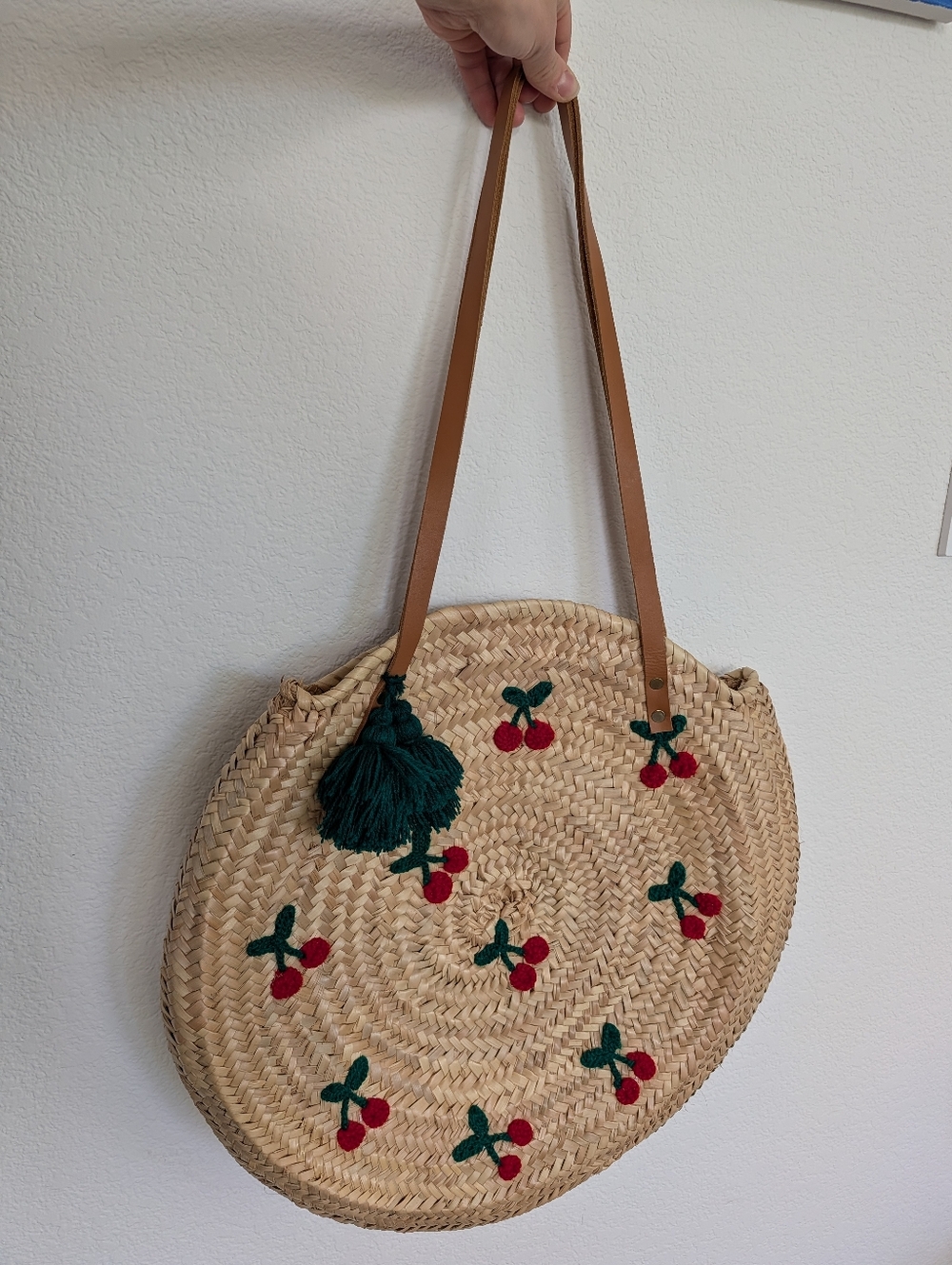 RARE Sezane Straw Shoulder Bag with Red Cherry Embroidery And Leather Straps
